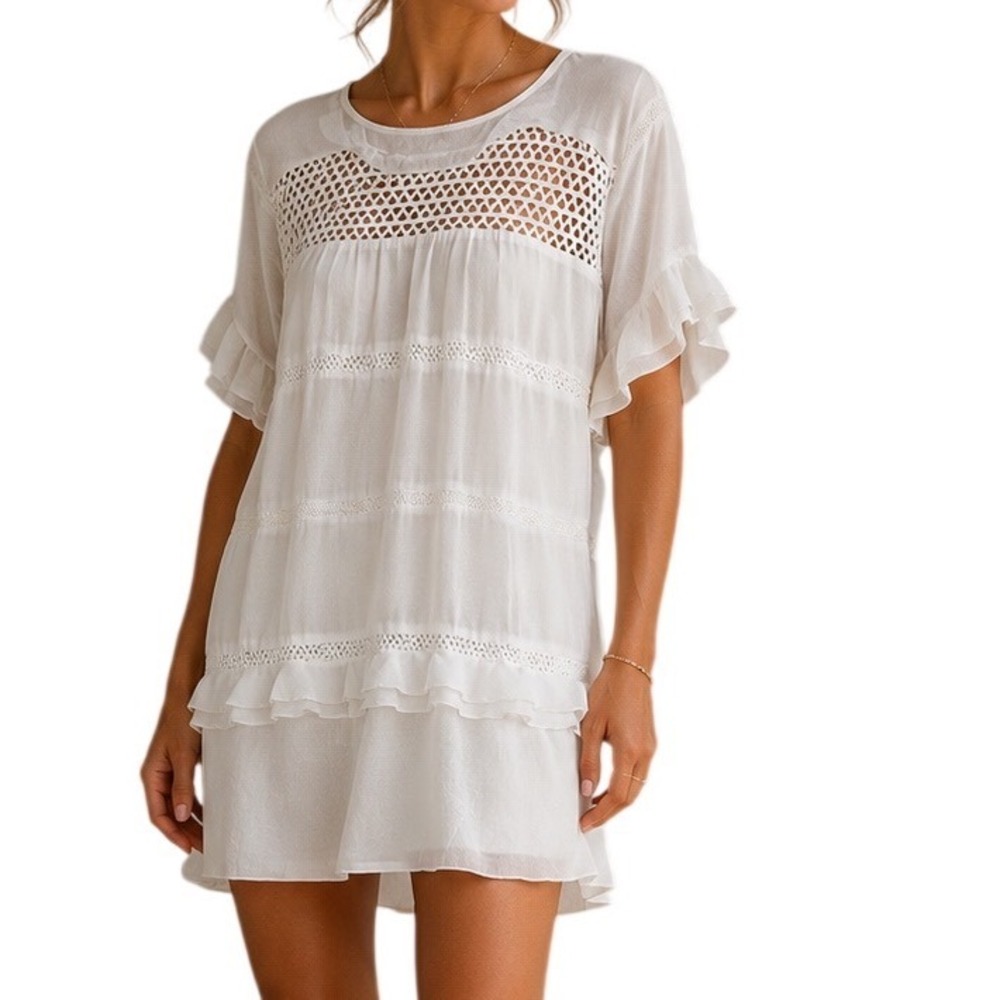 Unbranded Women White Crochet Lace Tiered Ruffle Blouse Medium Boho Sheer Top